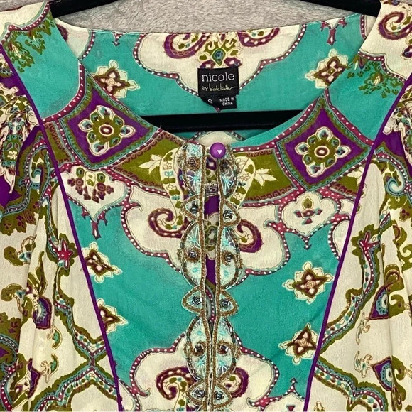 NICOLE Millar 6 Small Top Shirt Green Paisley Short Sleeve Round Neck Keyhole - Picture 3 of 6